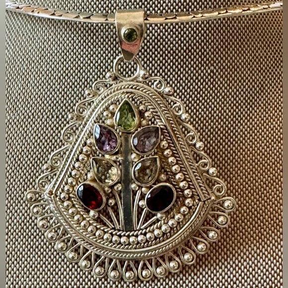 Jewelry - Large Artisan Silver With Multi-Gemstone Pendant